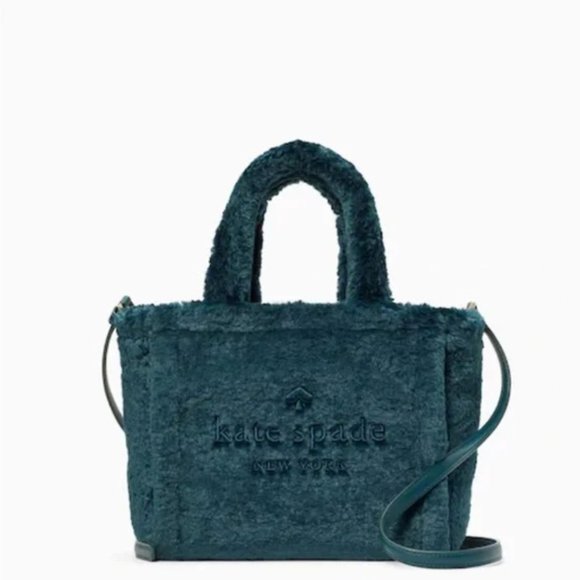 ♠️ KATE SPADE | Ella Shearling Fur Tote Crossbody Bag, Peacock Sapphire Green - Picture 1 of 13